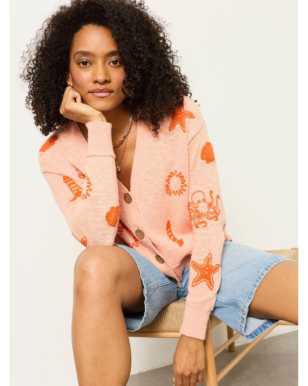 FatFace Orange Seascape Knitted Cardigan