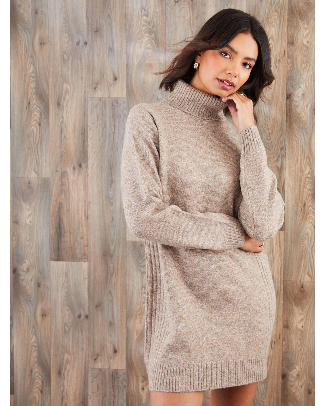 Threadbare Natural Roll Neck Knitted Mini Dress