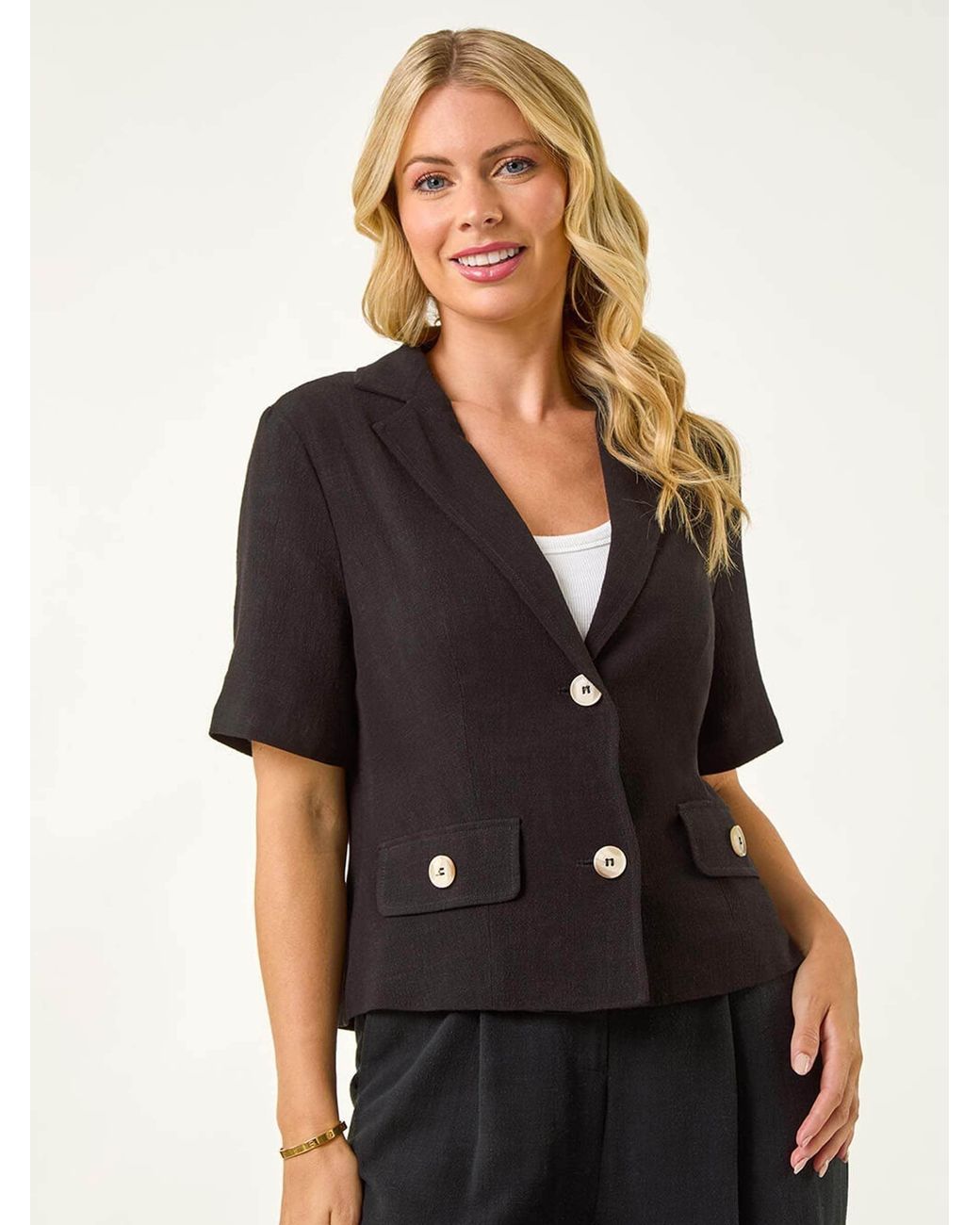 Roman Black Petite Linen Mix Buttoned Jacket