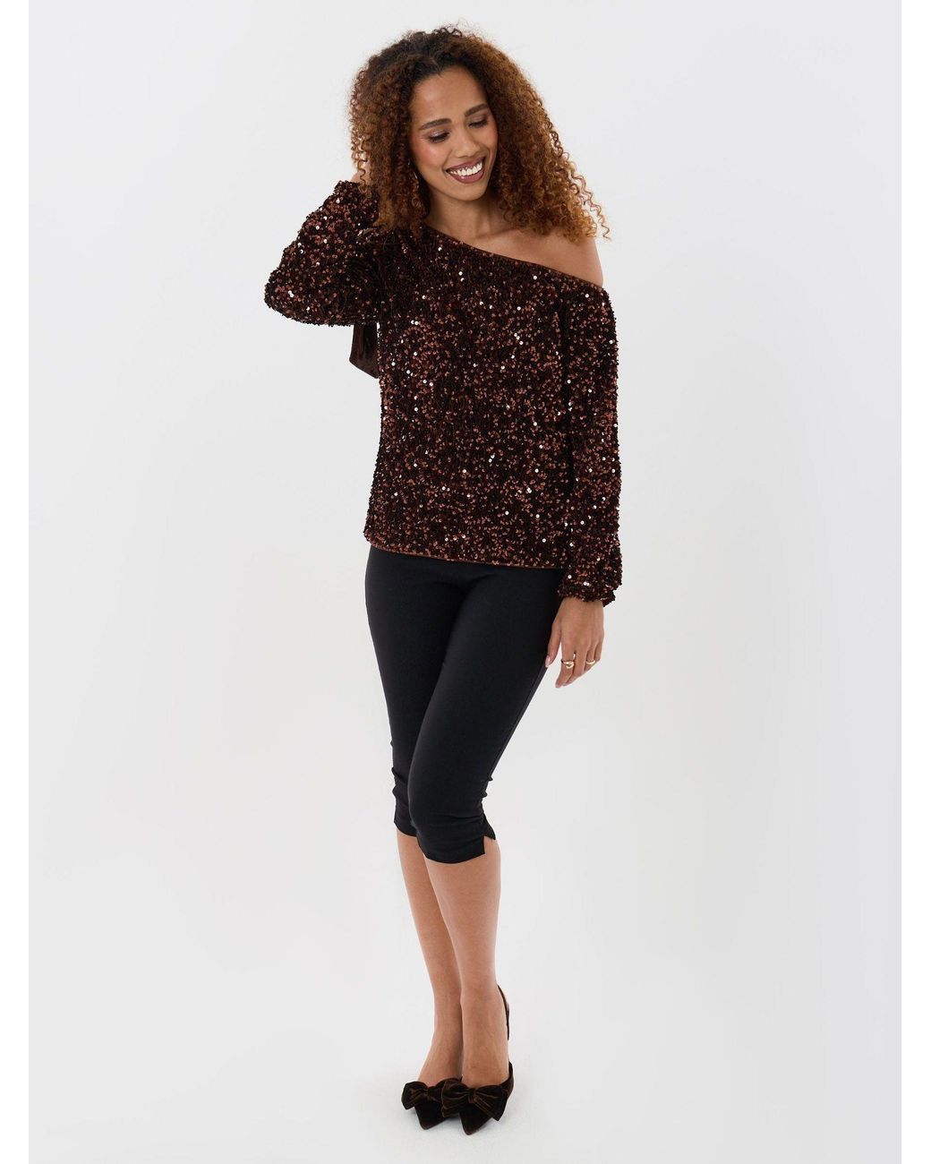 Threadbare Brown Sequin Slash Neck Top With Bow Detail