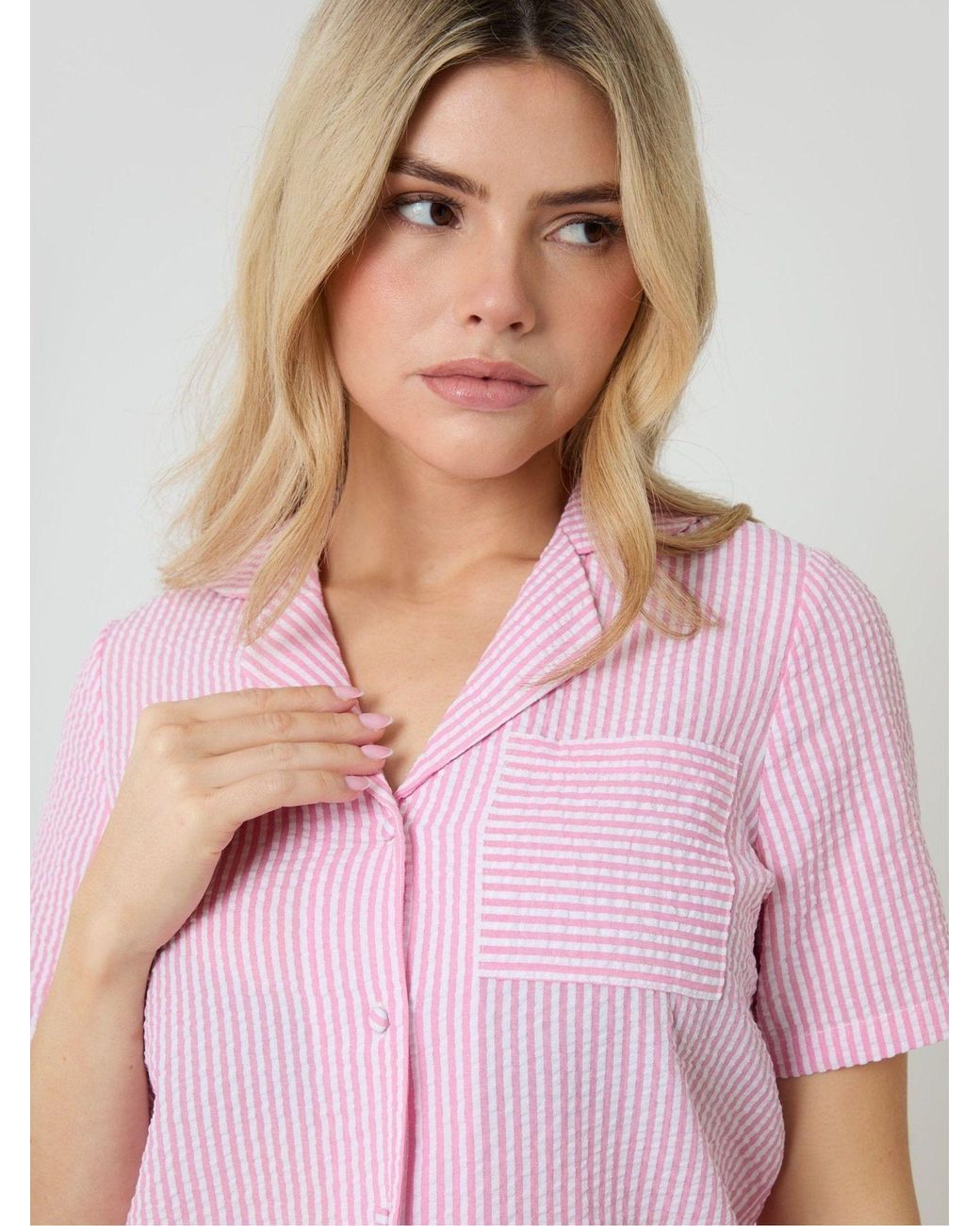 Threadbare Pink Seersucker Button Up Pyjamas Set
