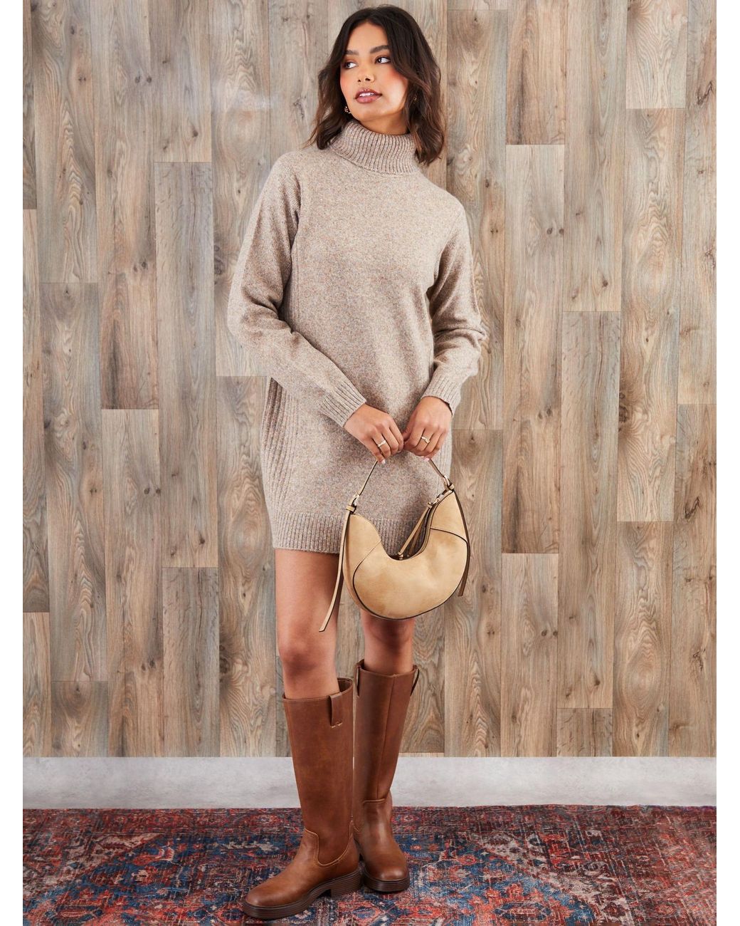 Threadbare Natural Roll Neck Knitted Mini Dress