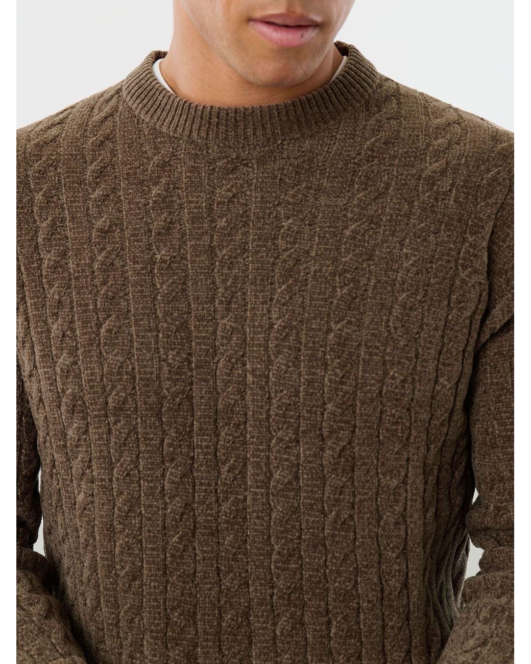 Threadbare Brown Fluffy Cable Knit Crew Neck Jumper for men