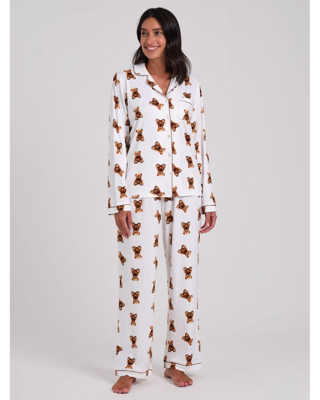 Loungeable White Teddy Bear Super Soft Long Sleeve Button Through Pyjamas Set
