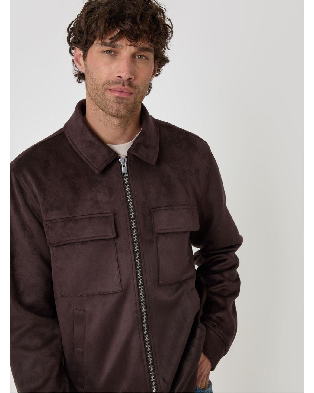 Threadbare Brown Faux Suede Collared Jacket for men