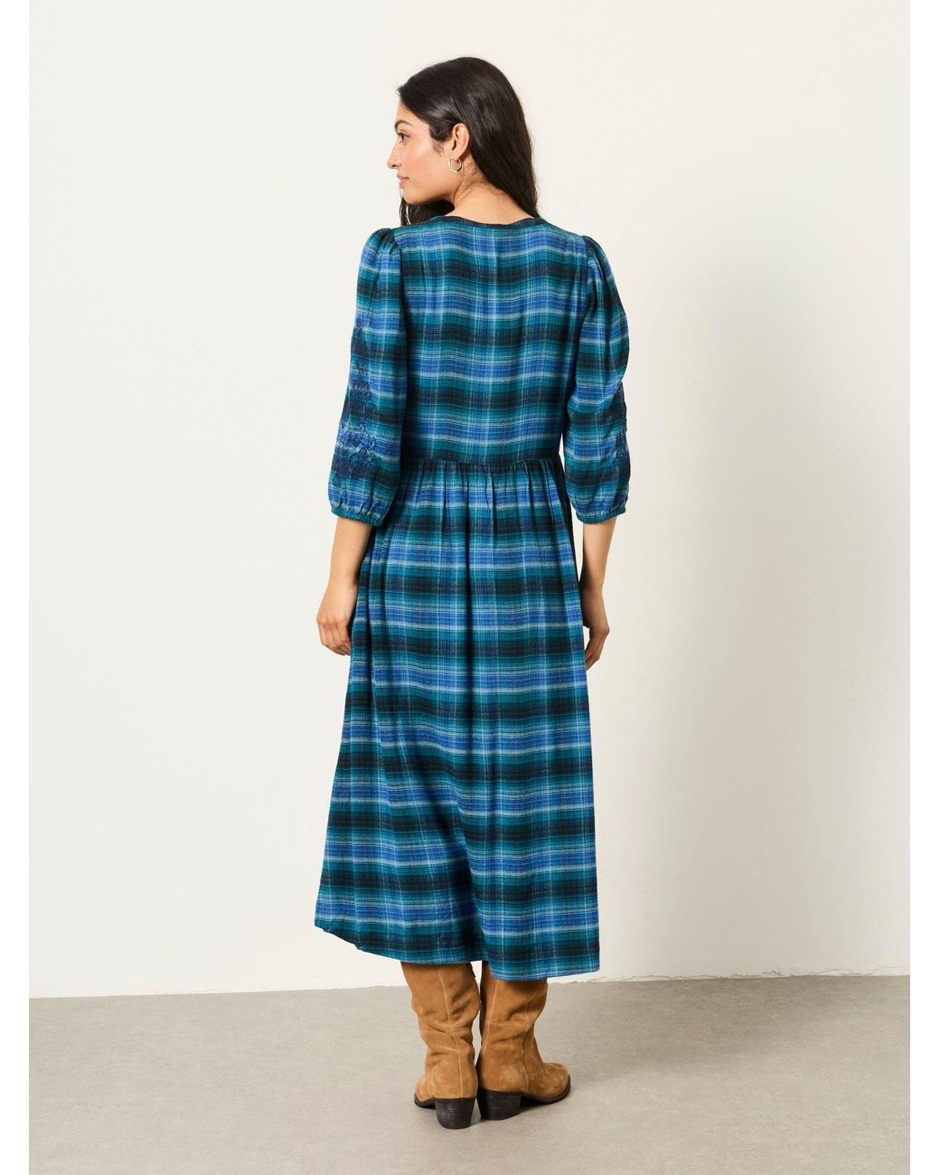 FatFace Blue Connie Petite Check Midi Dress