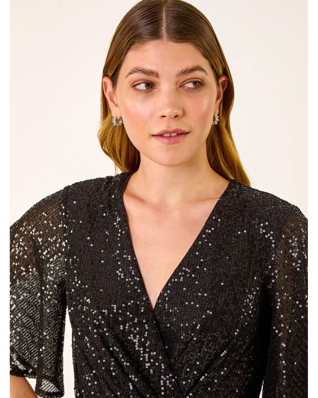 Roman Black Sequin Flutter Sleeve Stretch Jumpsuit