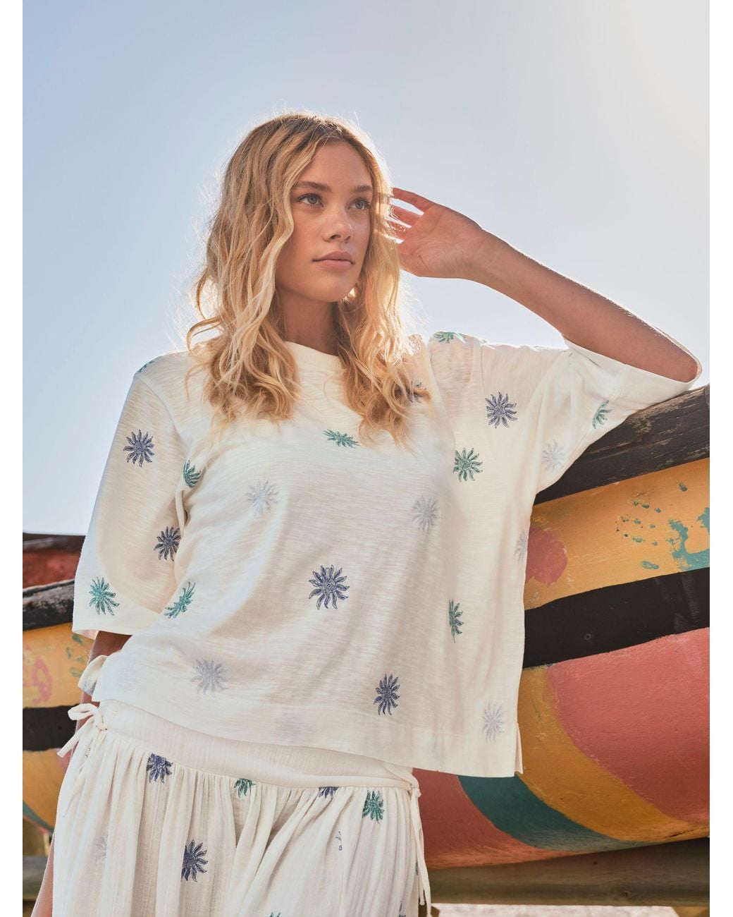 FatFace White Kate Sun Embroidered T Shirt
