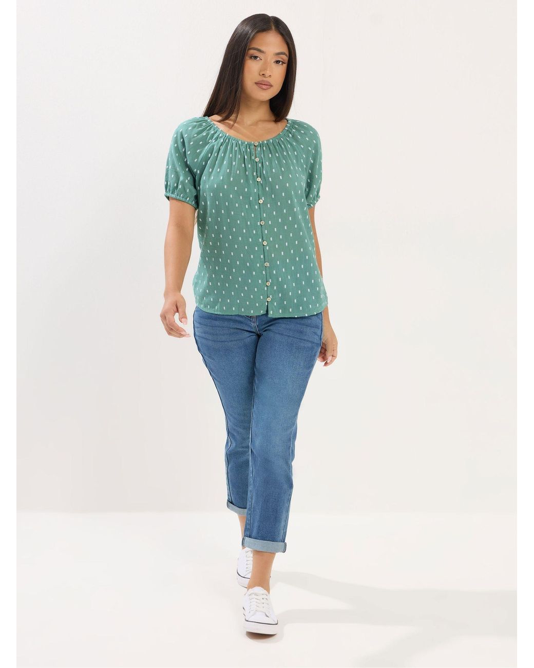 M Com Green Petite Short Sleeve Button Dobby Boho Blouse
