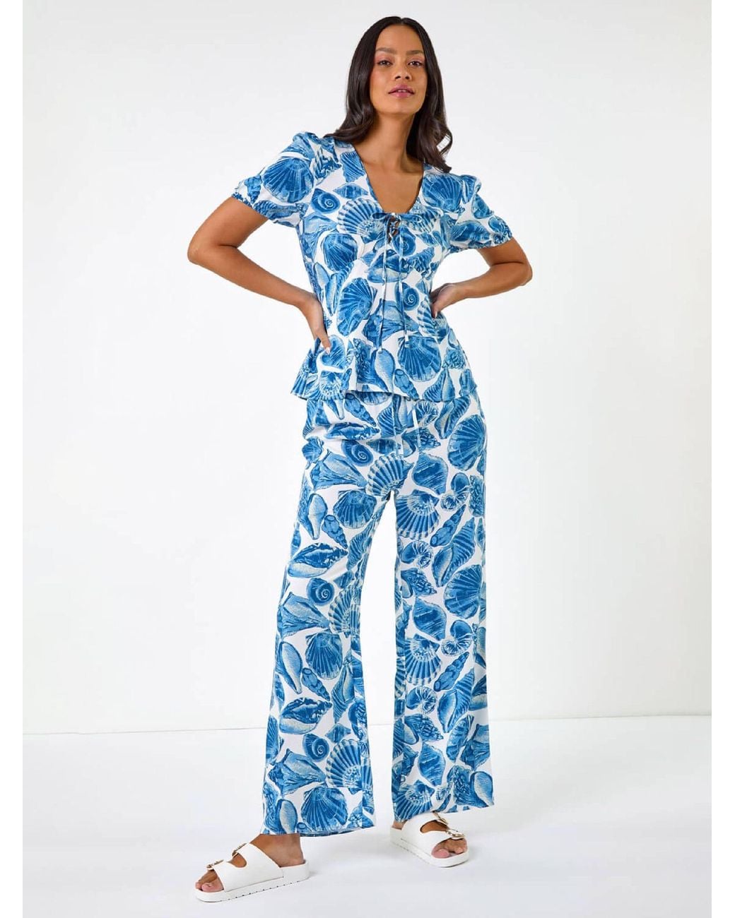 Roman Blue Muschel-Print V-Ausschnitt Bindungsshirt