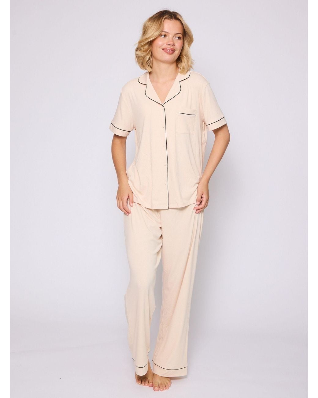 Loungeable Natural Trim Short Sleeve Soft Rib Button Through Pyjamas