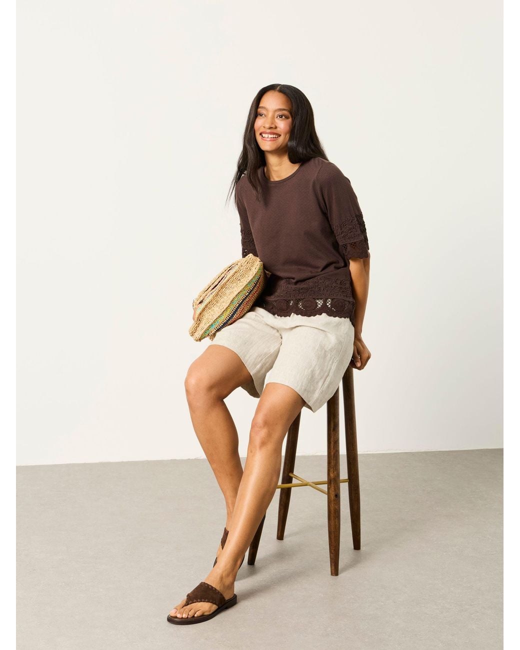 FatFace Brown Chloe Crochet Detail T-Shirt