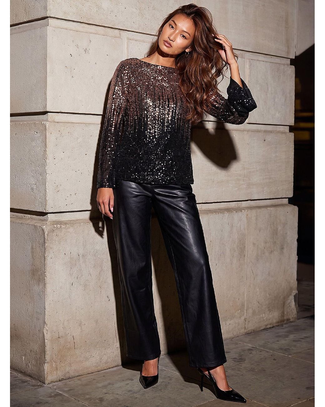 Roman Brown Ombre Sequin Crew Neck Top