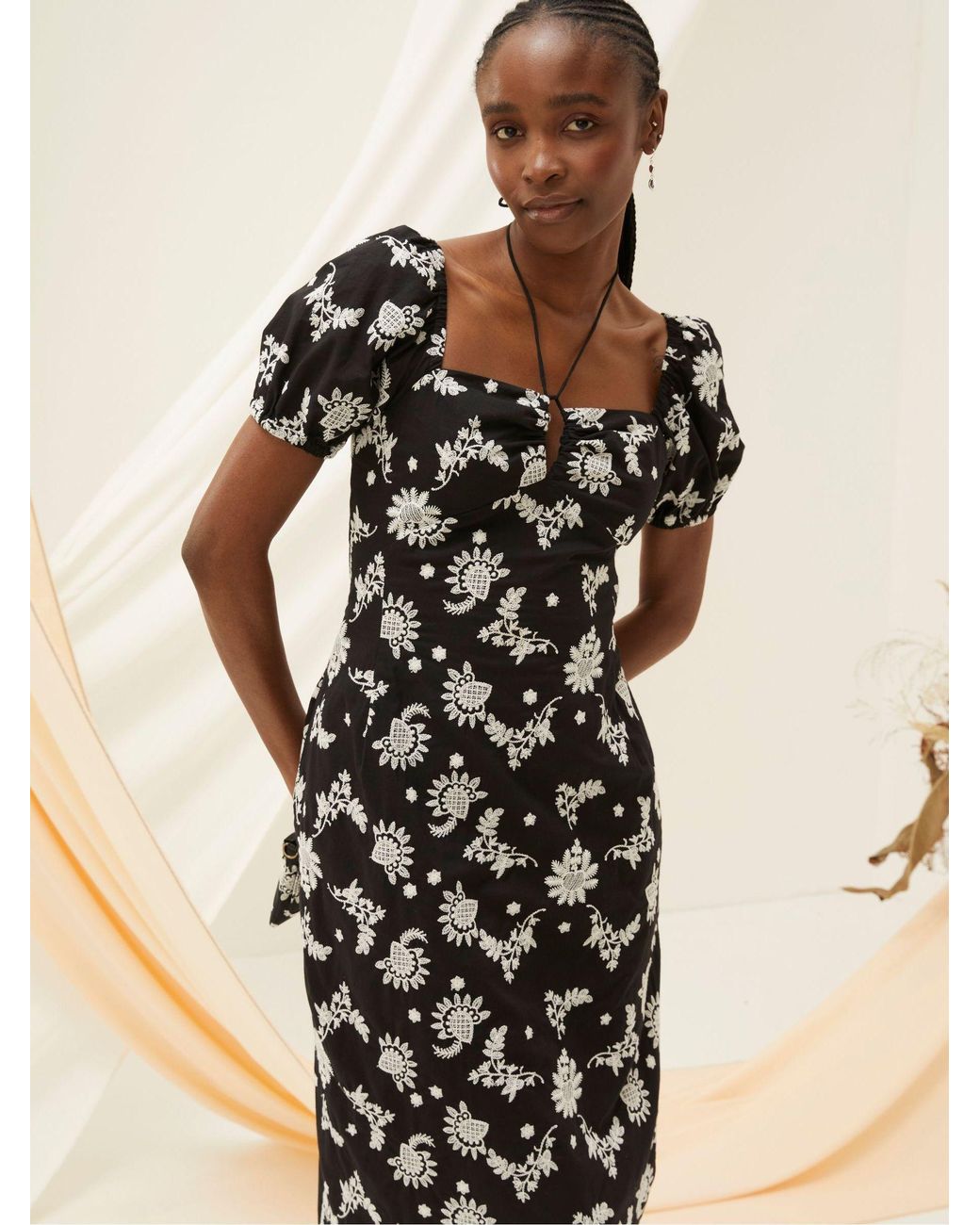 FatFace Natural Lotus Embroidered Midi Dress
