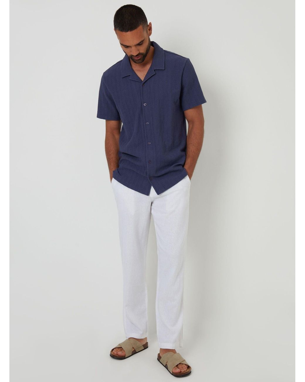 Threadbare White Linen Blend Trousers for men