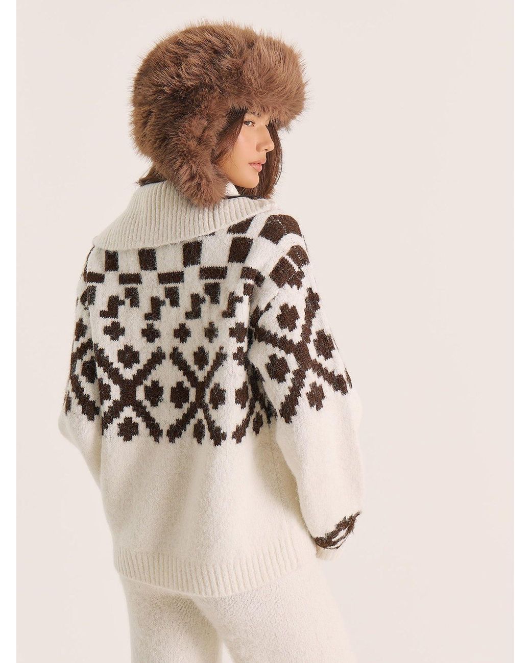 4th & Reckless Natural Janine Fairisle Knitted Zip Up Jumper