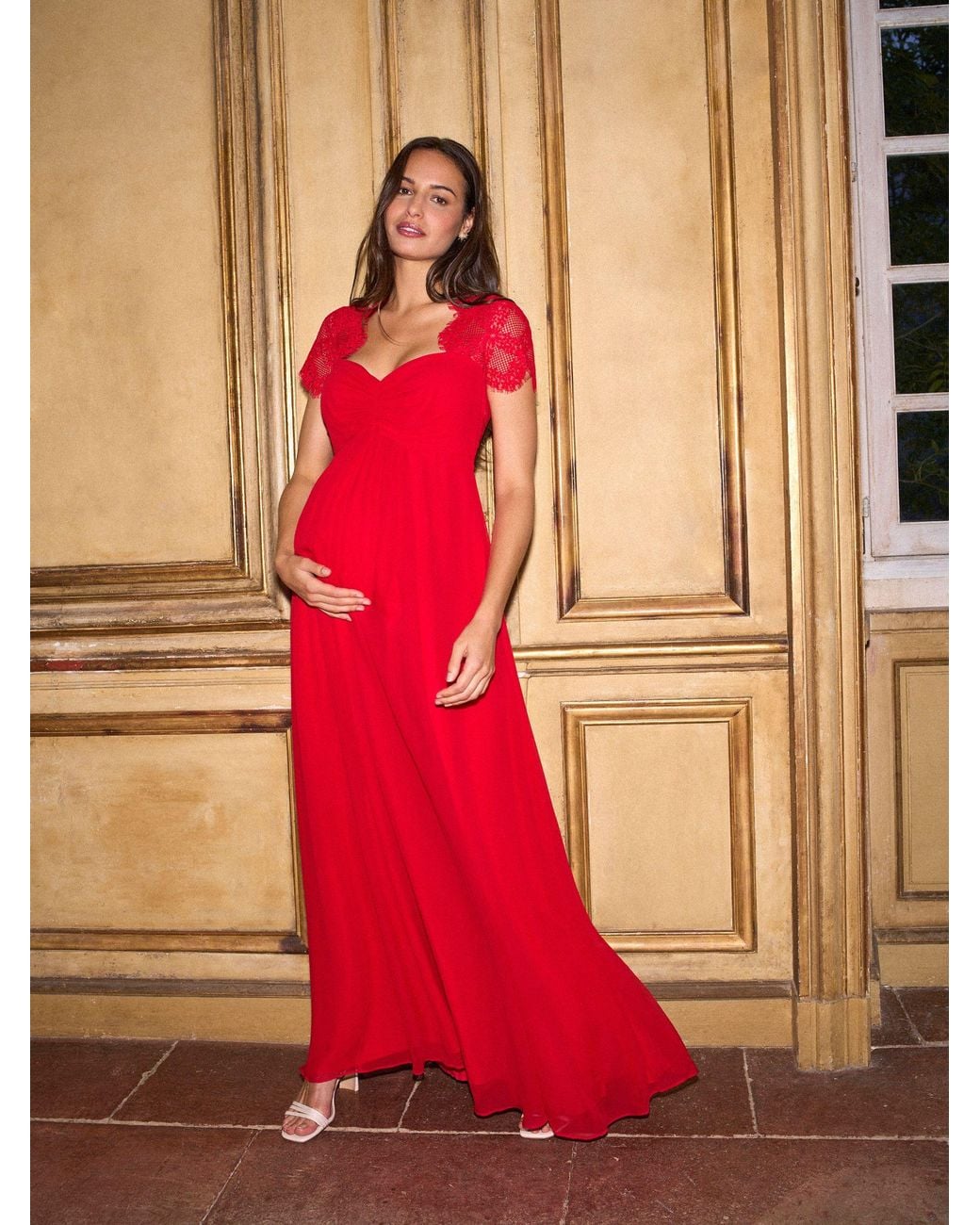 Seraphine Maternity Lace Sleeve Silk Premium Dress in Red | Lyst