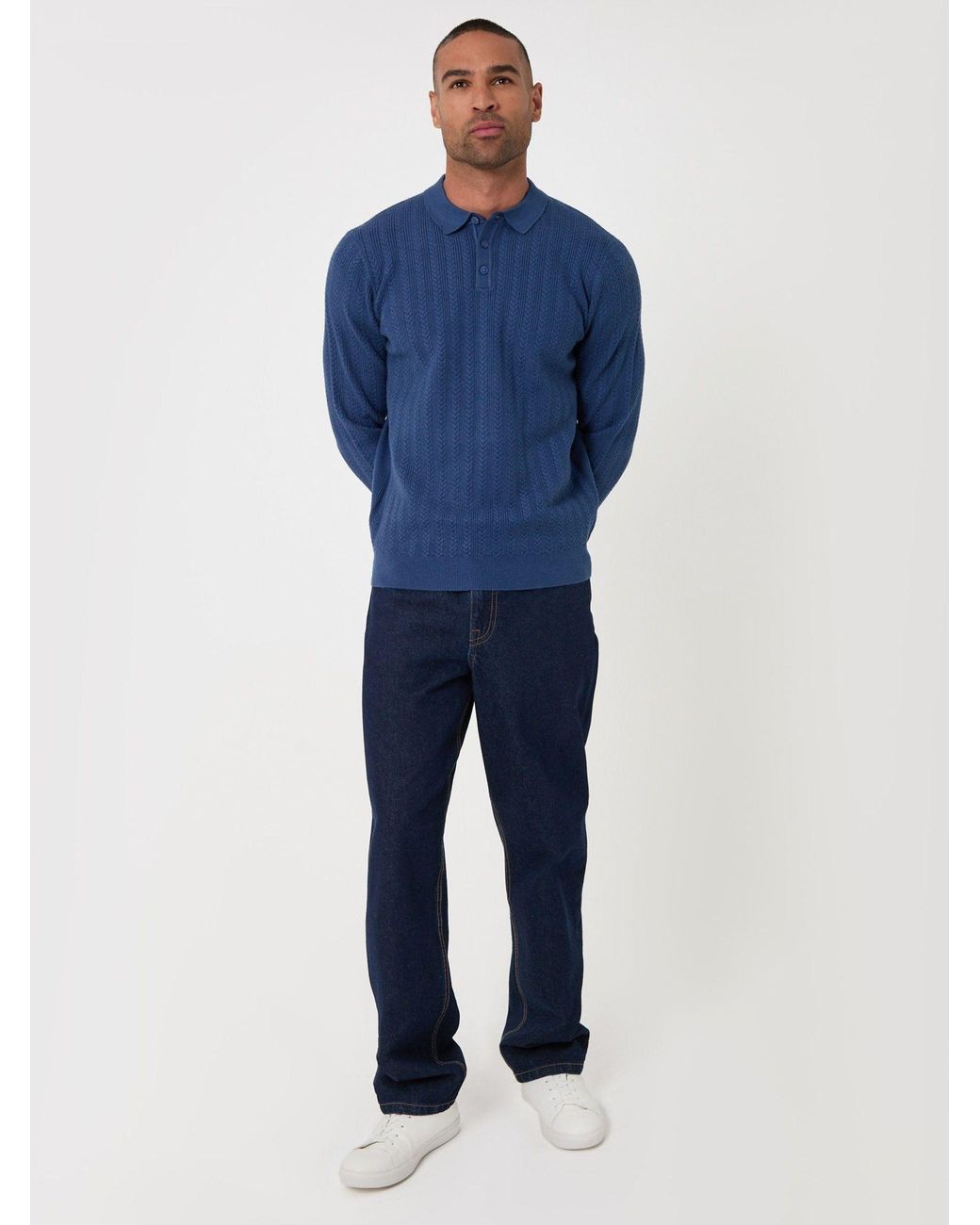 Threadbare Blue Textured Cable Knit Polo Jumper for men