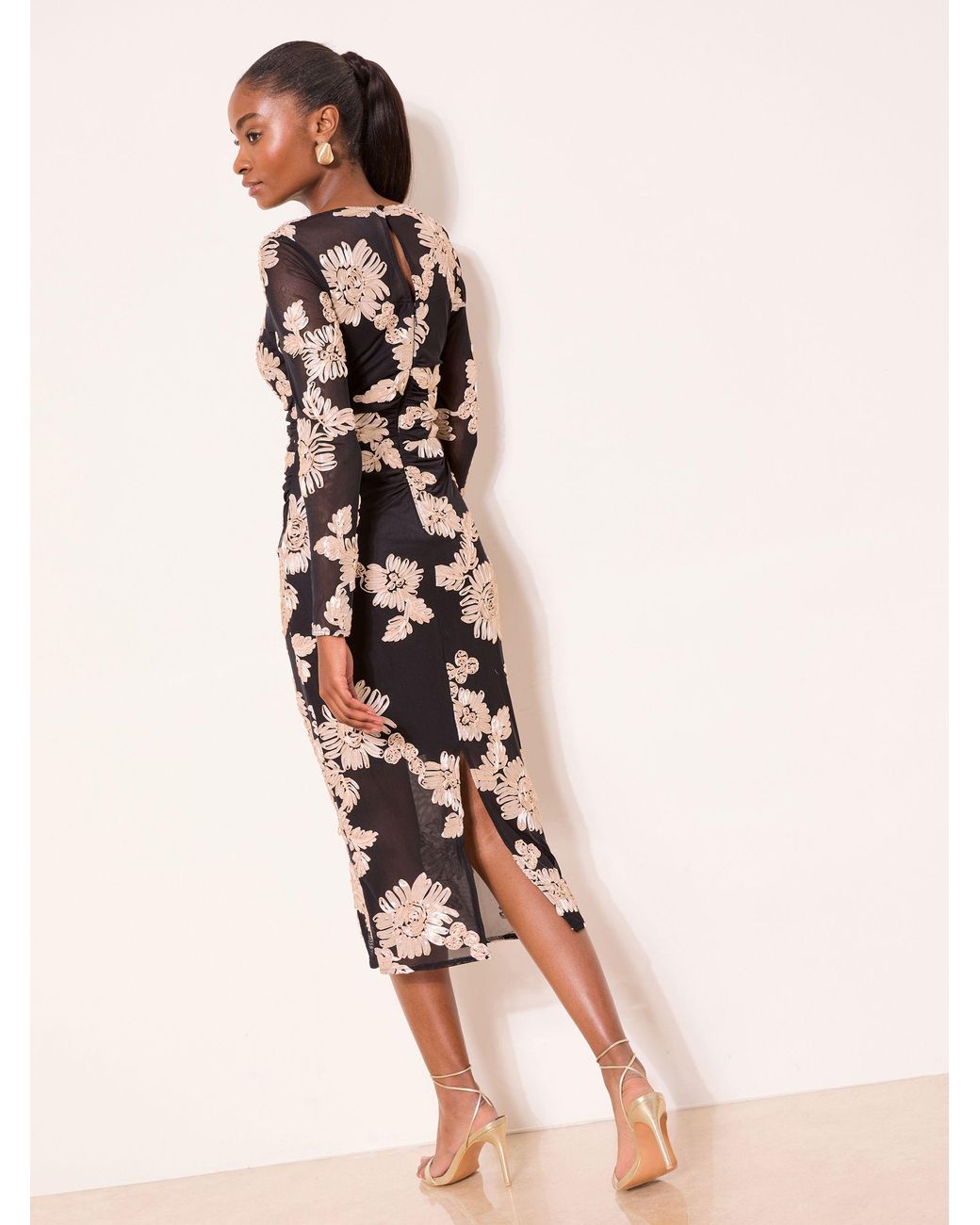 Lipsy Square Neck Floral Long Sleeve Bodycon Mesh Midi Dress in Natural |  Lyst
