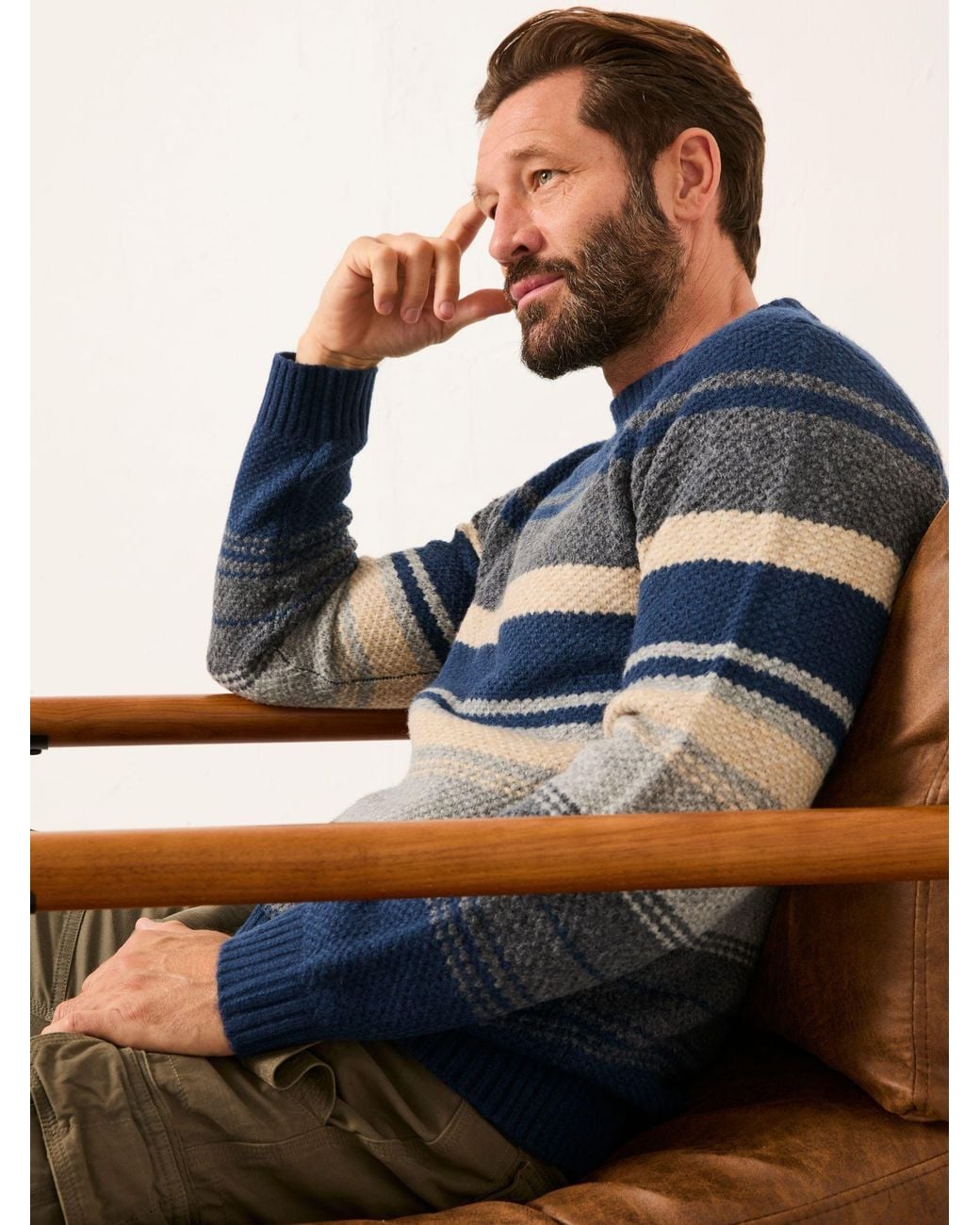 FatFace Blue Calder Stripe Crew Neck Knitted Jumper for men