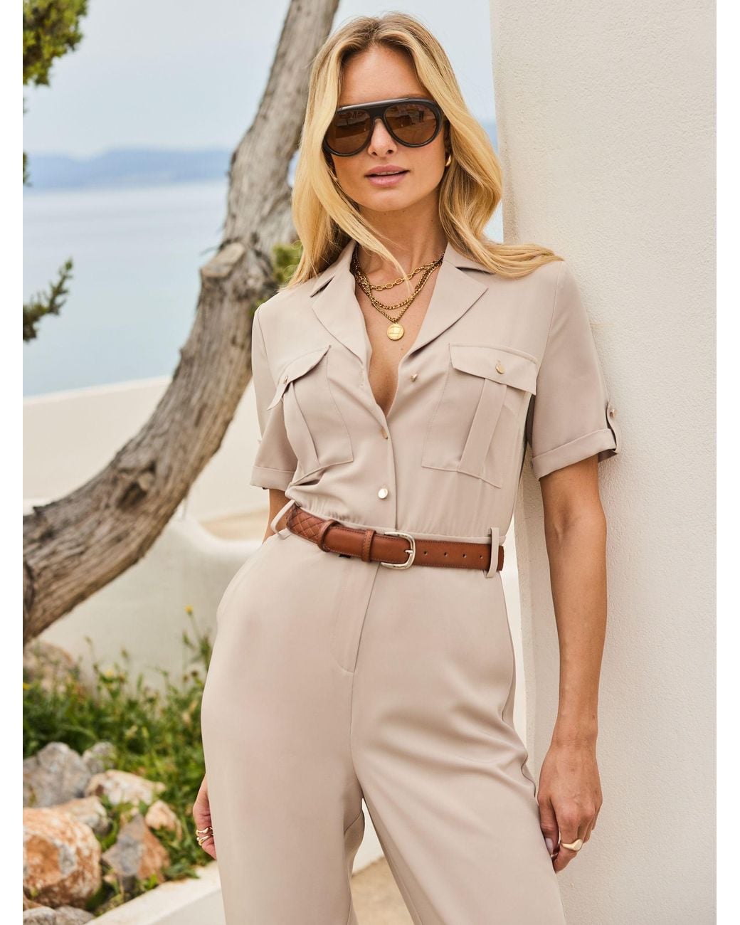 Sosandar Natural Belted Button Front Utility Jumpsuit