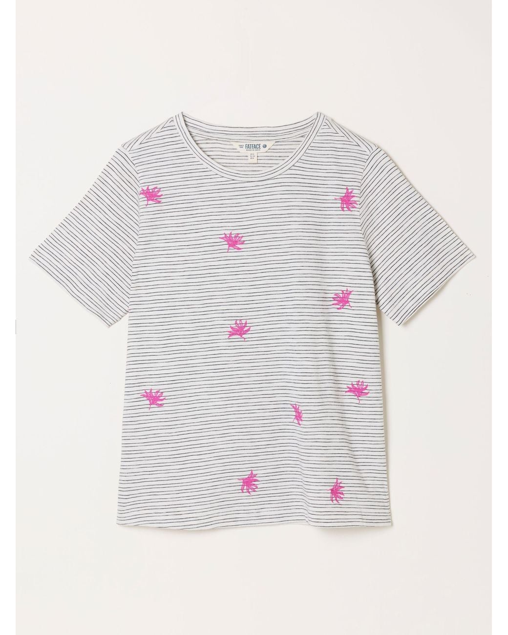 FatFace White Stripe Embroidered Flower T-Shirt