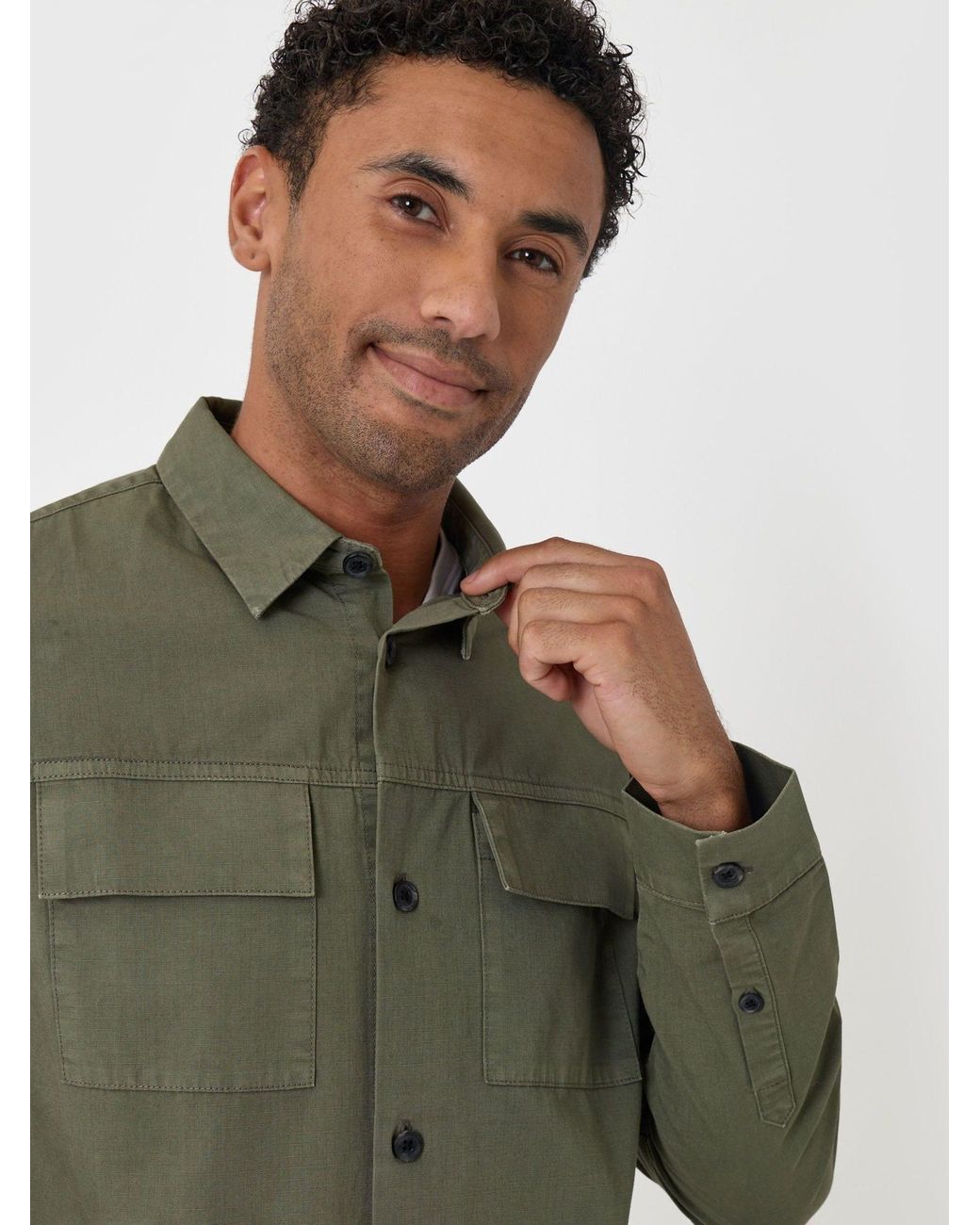 Threadbare Green Cotton Patch Pocket Shacket for men