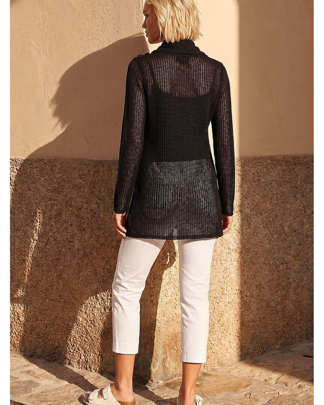 Roman Black Snit Textured Buttoned Top