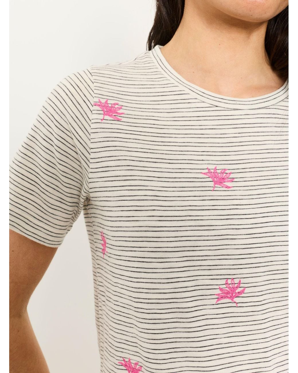 FatFace White Stripe Embroidered Flower T-Shirt