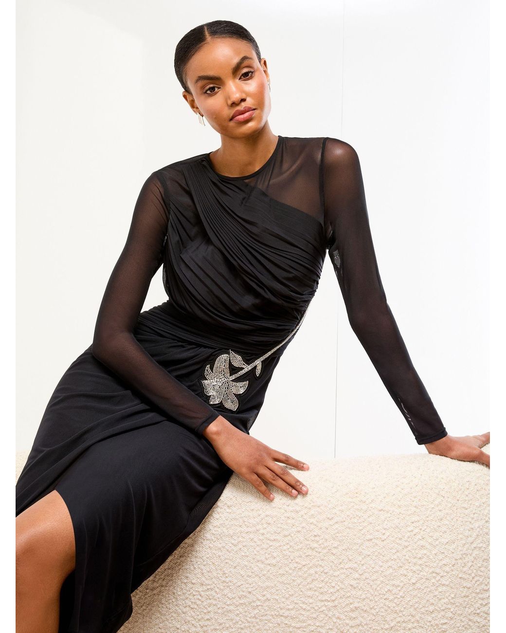 knee length dresses for ladies Black and White Floral Print Mesh Long Sleeve Bodycon Midi Dress – AX Paris  US