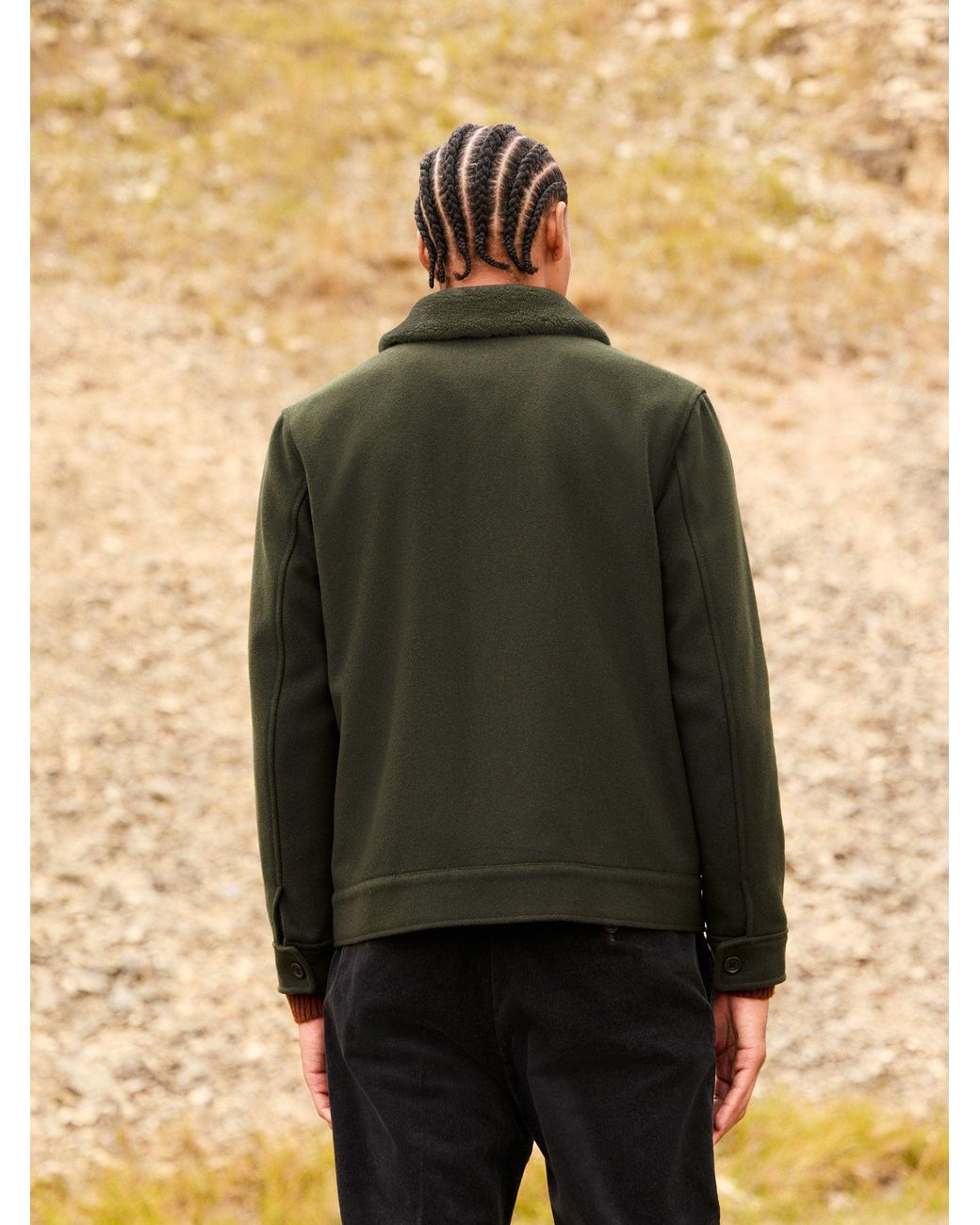 Next Green Twill Wool Blend Borg Collar Jacket for men