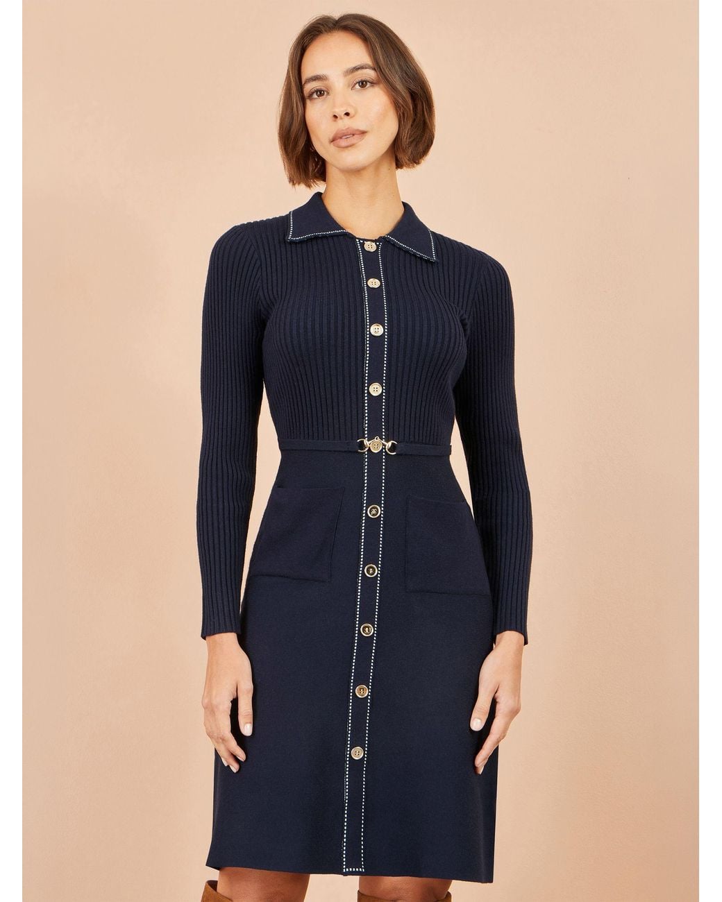 Yumi' Rib Knit Skater Shirt Dress in Blue | Lyst