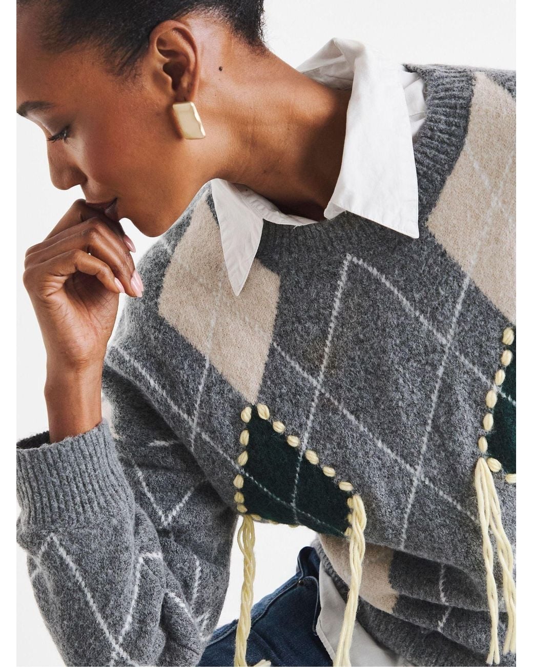 JD Williams Gray Loose Thread Argyle Jumper