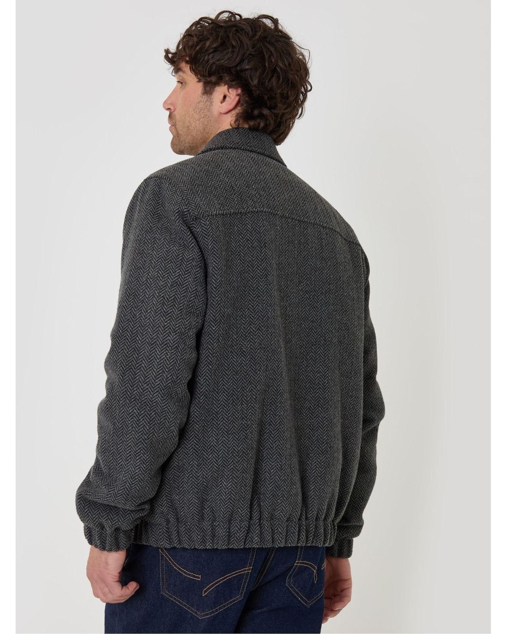 Threadbare Blue Herringbone Faux Wool Collared Jacket for men