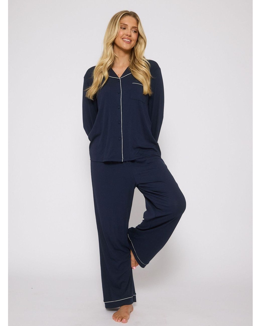Loungeable Blue Trim Long Sleeve Soft Rib Button Through Pyjamas