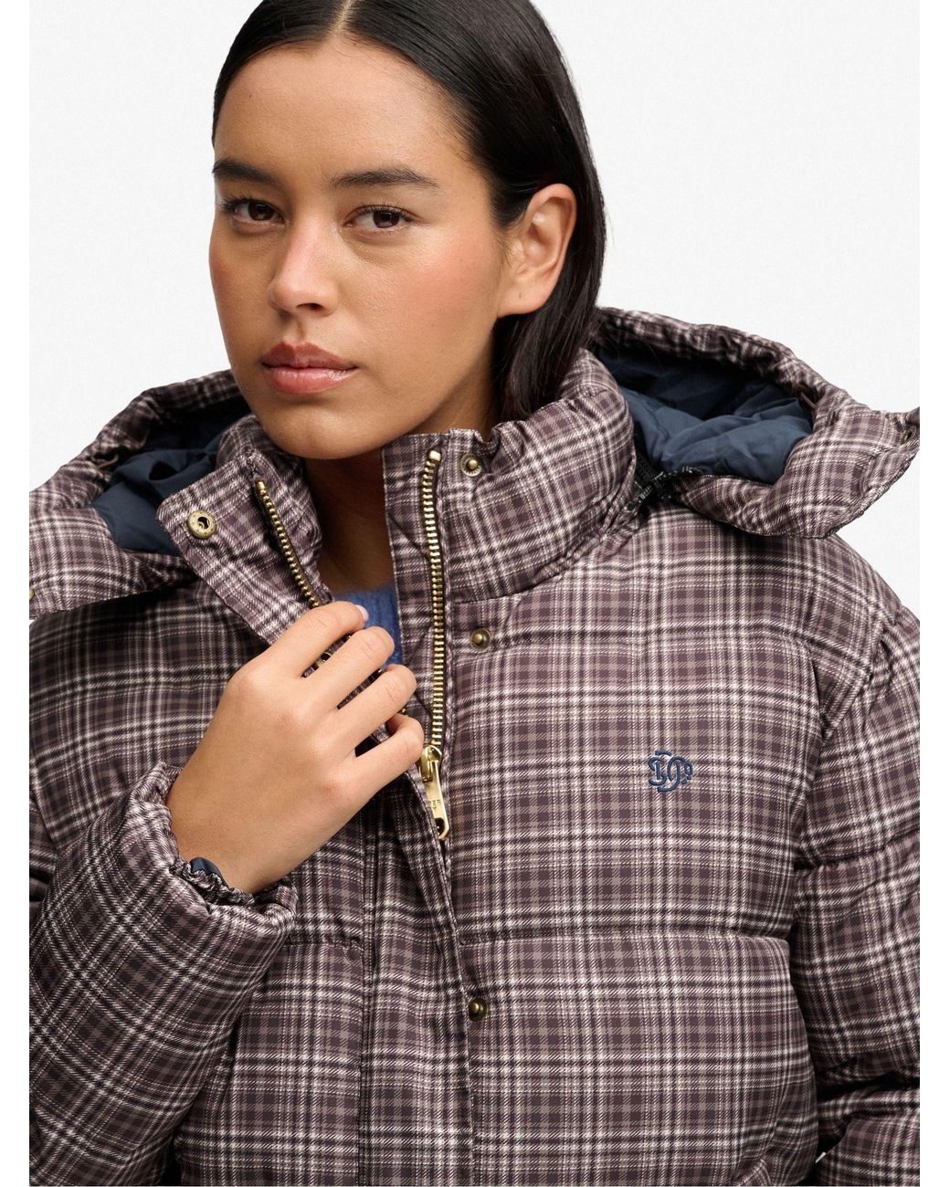 Superdry Gray Printed Check Premium Hooded Puffer Jacket