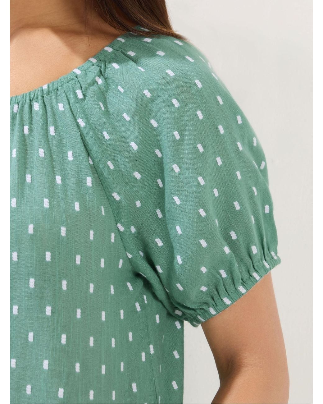 M Com Green Petite Short Sleeve Button Dobby Boho Blouse