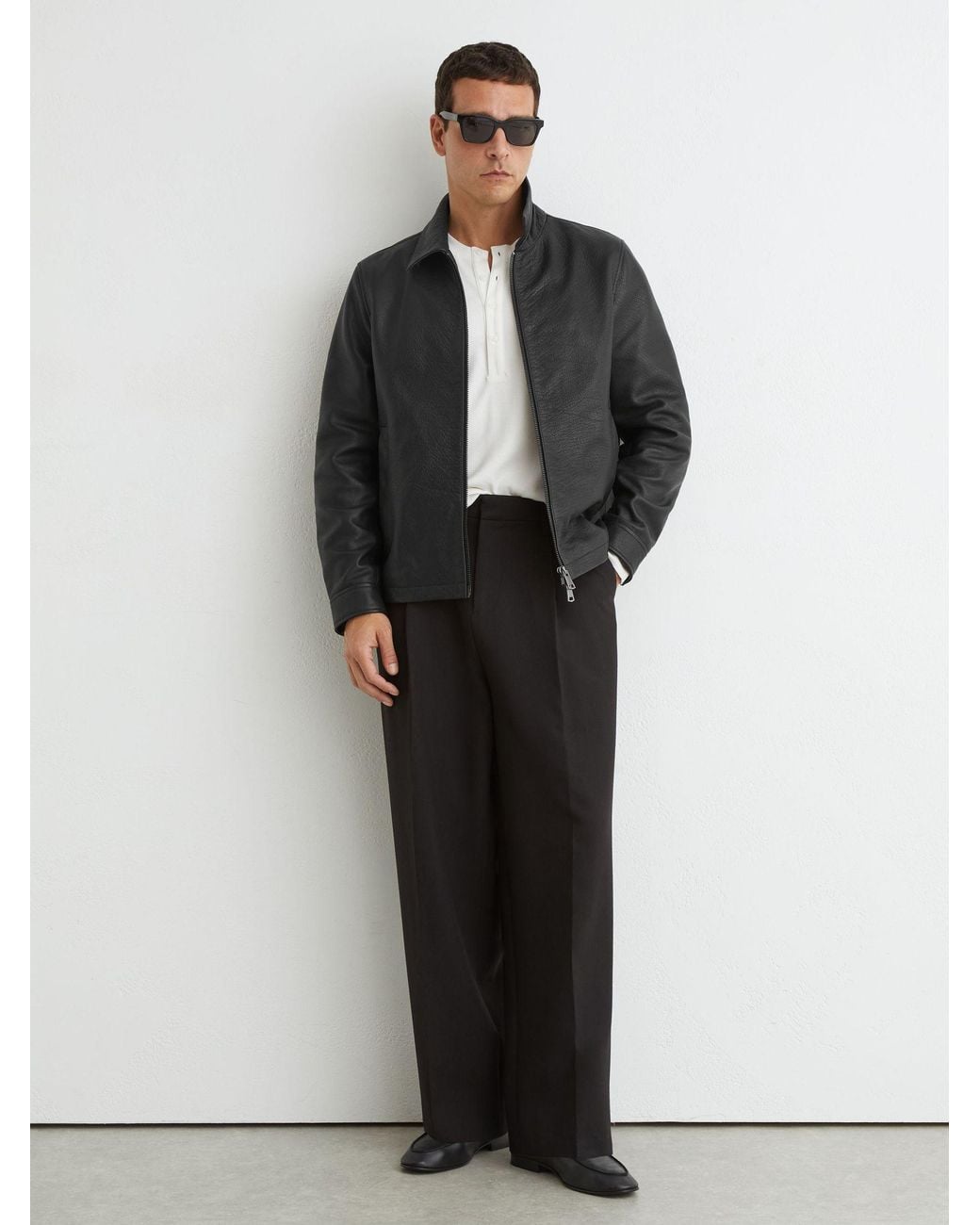 Reiss Black Ortega Leather Collared Zip-Through Jacket for men