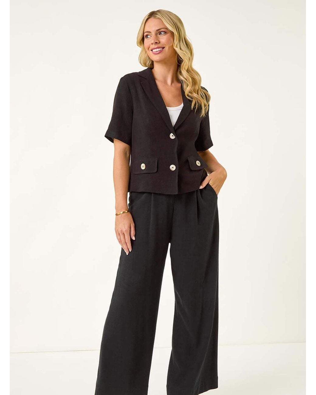 Roman Black Petite Linen Mix Buttoned Jacket