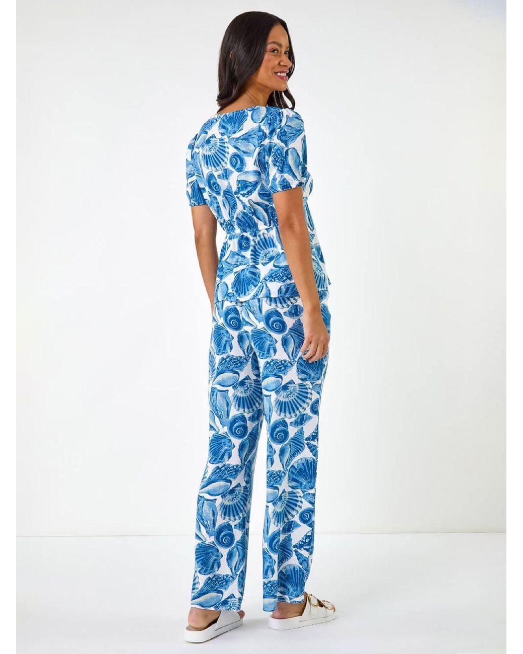 Roman Blue Muschel-Print V-Ausschnitt Bindungsshirt