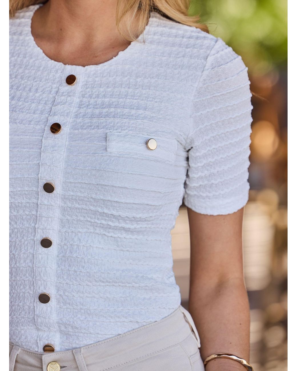 Sosandar White Textured Button Front Top