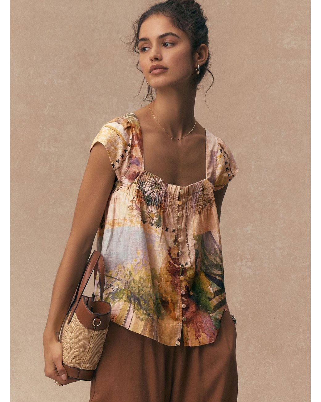 Next Natural Flutter Sleeve Button Front Top With Linen