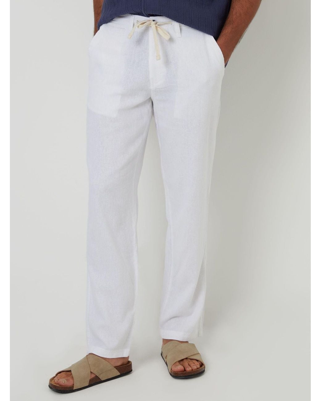 Threadbare White Linen Blend Trousers for men