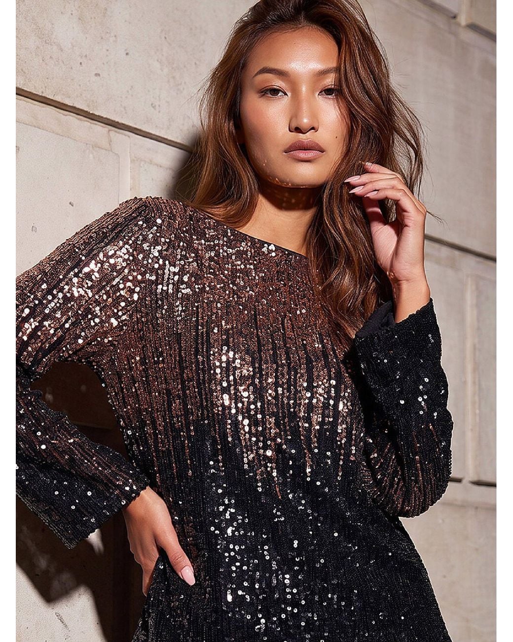 Roman Brown Ombre Sequin Crew Neck Top