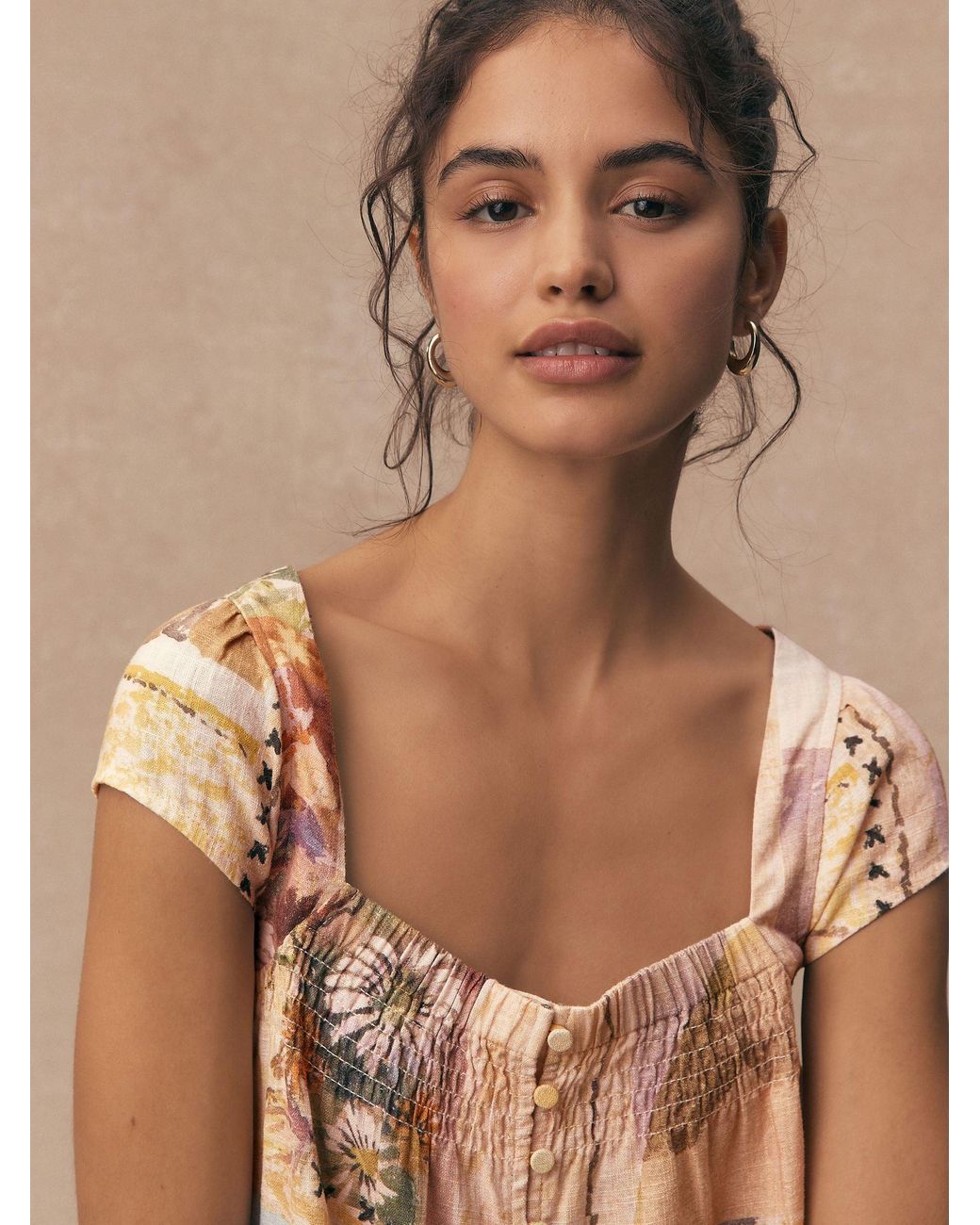 Next Natural Flutter Sleeve Button Front Top With Linen