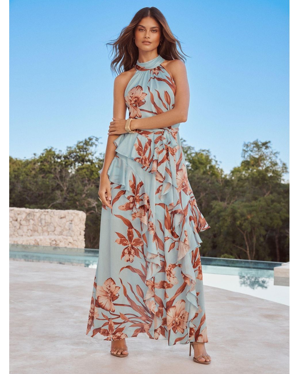 beaded trapeze maxi dress with high neck halter Viva Rhinestone Beaded Halter Maxi Dress