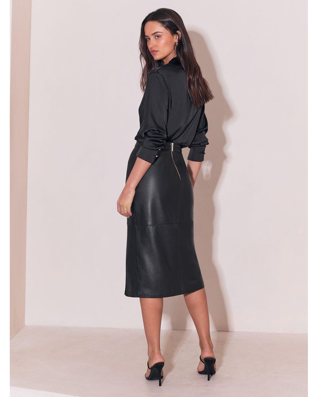 Lipsy Black Leather Midi Skirt