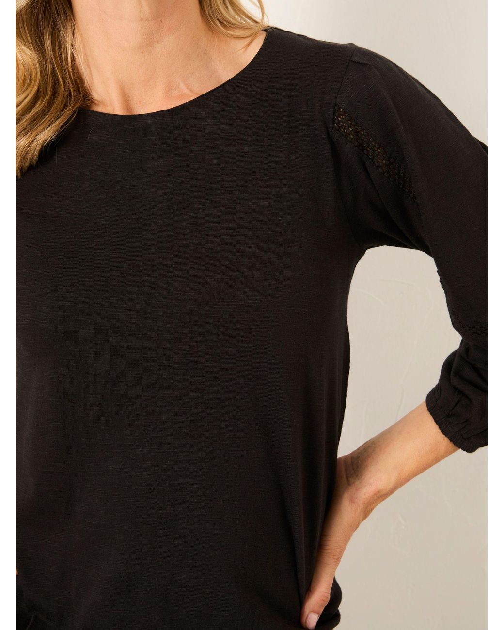 FatFace Black Cassie Broderie Round Neck Top