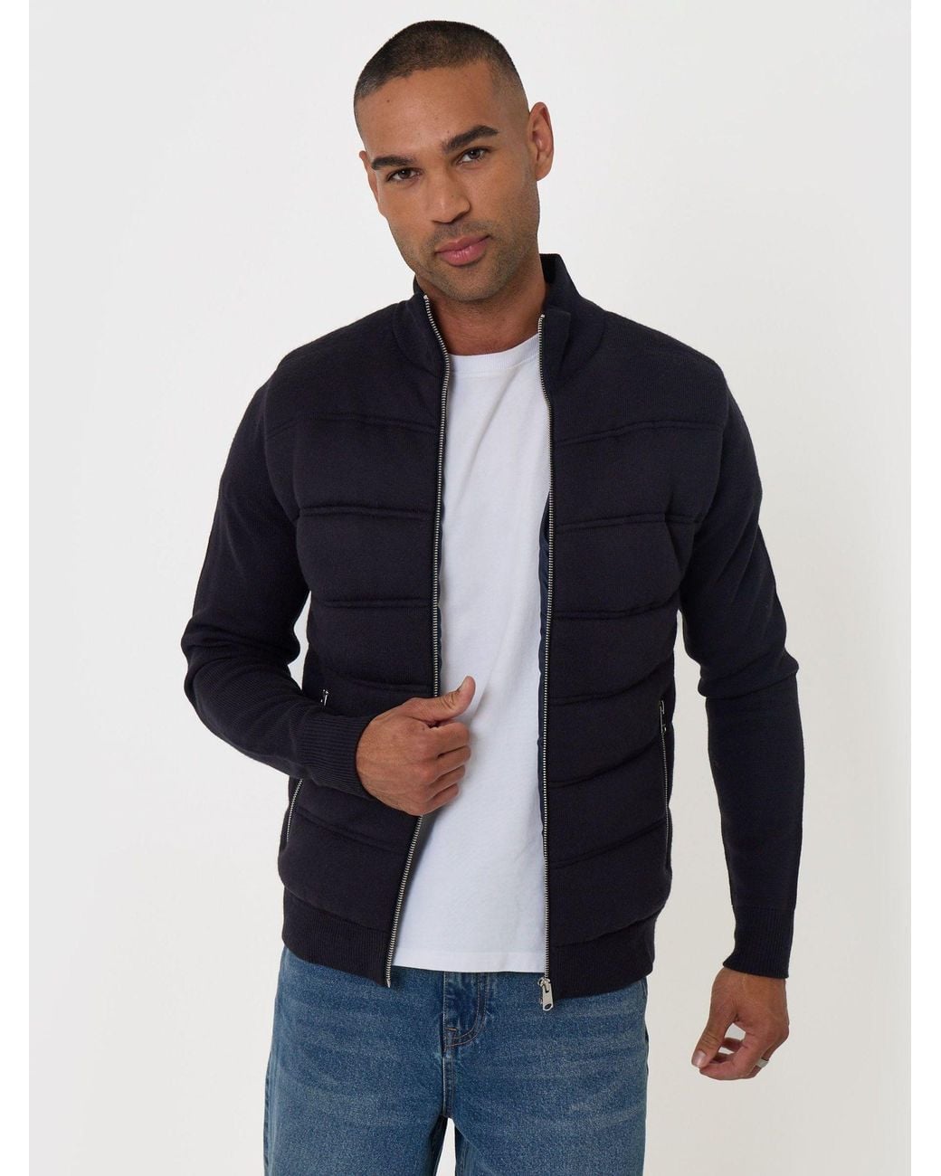 Threadbare Blue Quilted Zip Up Knitted Jacket for men