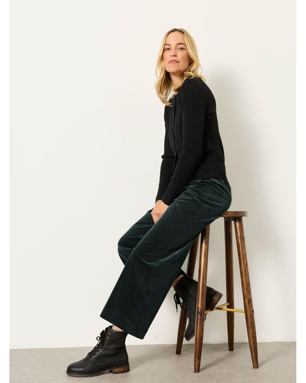 FatFace Black Hove Petite Wide Leg Cord Trousers
